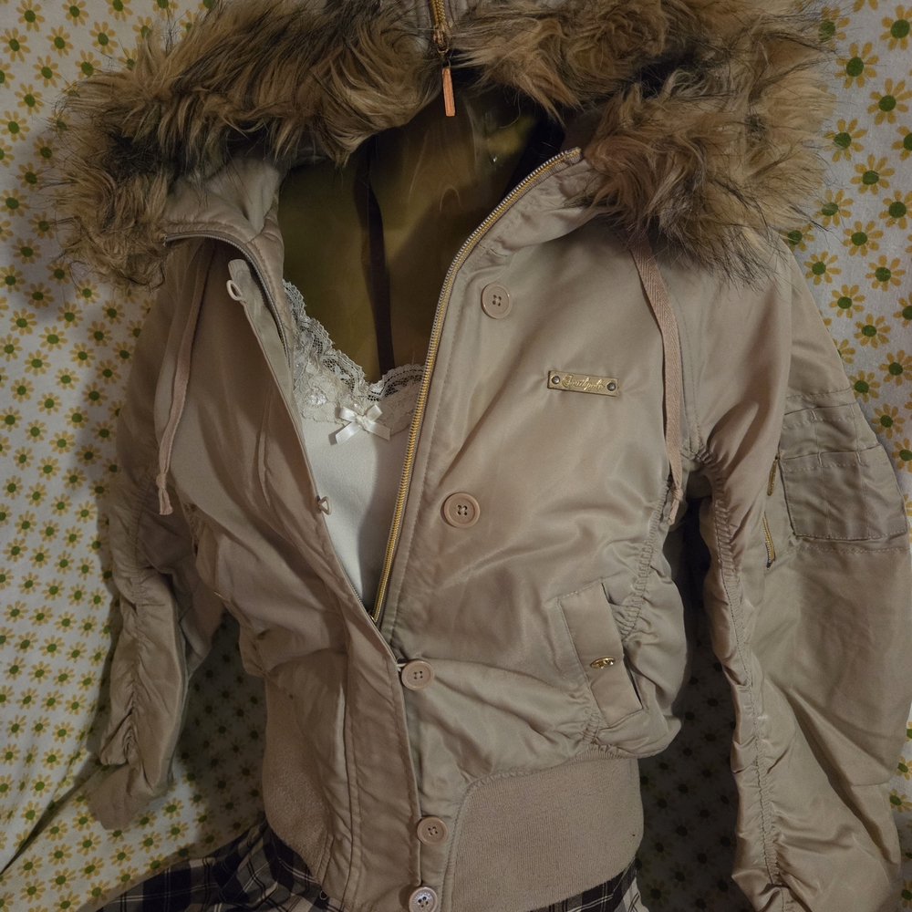 Y2K South Pole Women's Tan Bomber Puffer Jacket with Faux Fur Zip Hood